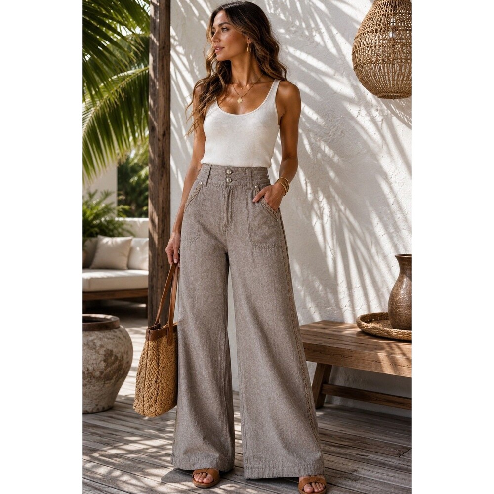 INC International Concepts 100% Linen Wide Leg Pants Gray Taupe Size 4 rignstone